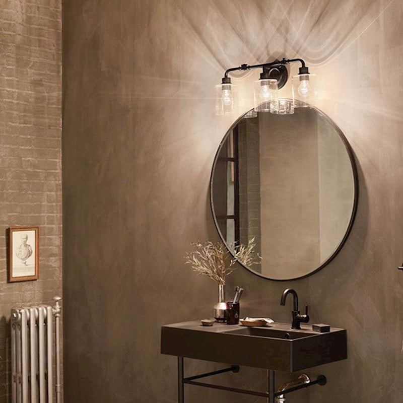 Kichler Gunnison 3-Light Bath Vanity | Industrial Black with Clear Glass | Bathroom Vanity & Makeup Area Light | 24in Wide, H 9.75in| Model 45666BK