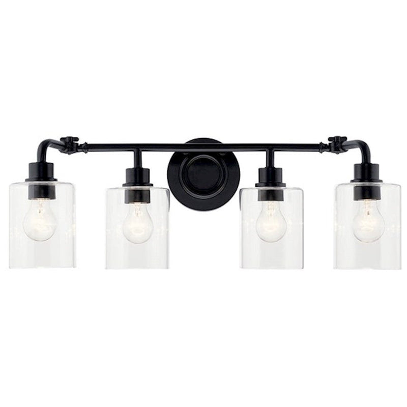 Kichler Gunnison 33.75in 4-Light Vanity Light | Industrial Black & Clear Glass | Bathroom & Grooming Area Vanity Light | 300W Max, E26 | Model 45667BK