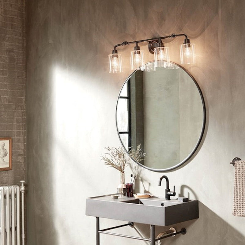 Kichler Gunnison 33.75in 4-Light Vanity Light | Industrial Black & Clear Glass | Bathroom & Grooming Area Vanity Light | 300W Max, E26 | Model 45667BK