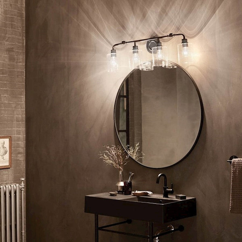 Kichler Gunnison 33.75in 4-Light Vanity Light | Industrial Black & Clear Glass | Bathroom & Grooming Area Vanity Light | 300W Max, E26 | Model 45667BK