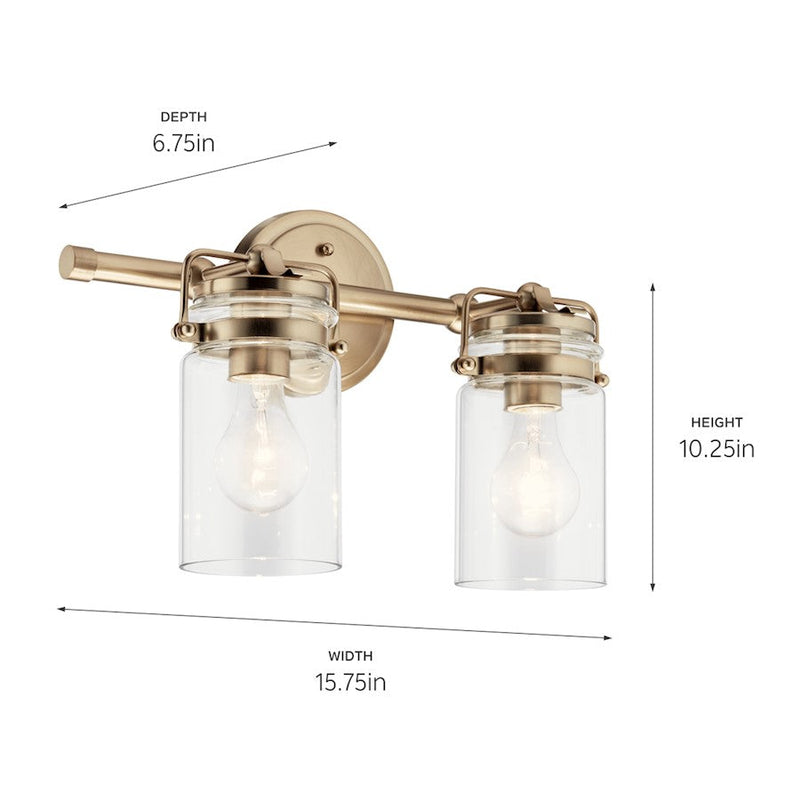 Kichler Brinley 16in 2-Light Vanity Light | Champagne Bronze Steel & Clear Glass | Bathroom & Powder Room Vanity Light | Takes 2x75W | Model 45688CPZ
