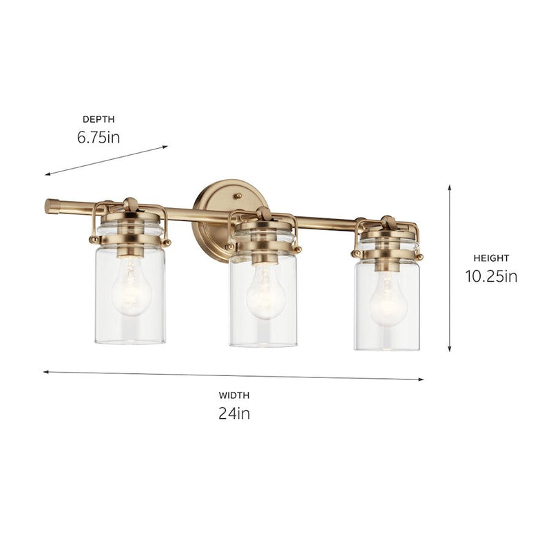 Kichler Brinley 24in 3 Light Vanity Light | Modern Vintage Champagne Bronze & Clear Glass | Bathroom Vanity Light | 300W Incandescent | Model 45689CPZ