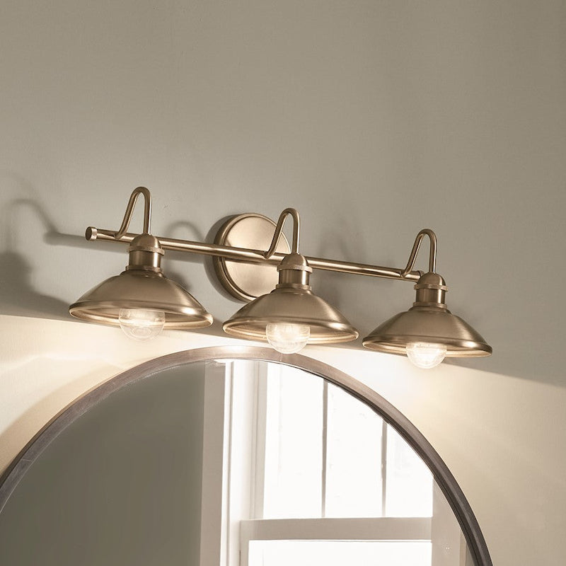 Kichler Clyde 3-Light 26.5in Vanity Light | Industrial Champagne Bronze Steel | Bathroom & Powder Room Illumination | 225W Max, 3x A19 | Model 45945CPZ