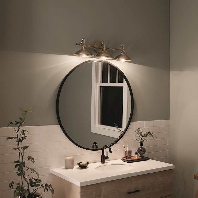 Kichler Clyde 3-Light 26.5in Vanity Light | Industrial Champagne Bronze Steel | Bathroom & Powder Room Illumination | 225W Max, 3x A19 | Model 45945CPZ
