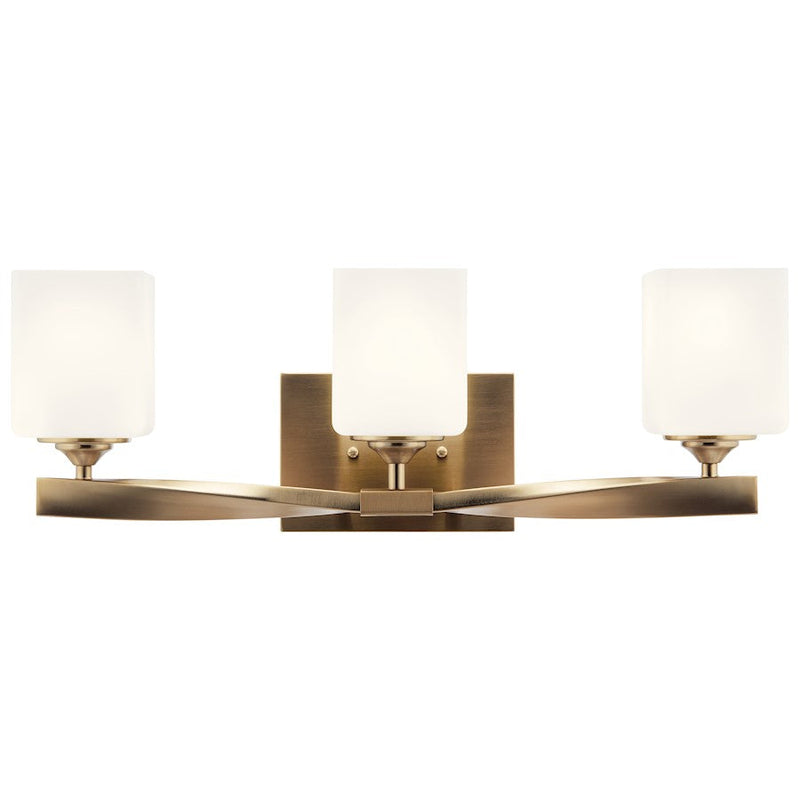 Kichler Marette 23in Wide 3-Light Vanity | Champagne Bronze Steel & Satin Opal Glass | Bathroom & Powder Room Vanity | 75W Max per Bulb | Model 55002CPZ