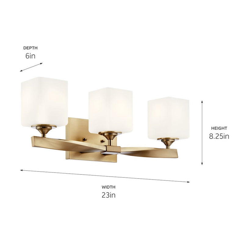 Kichler Marette 23in Wide 3-Light Vanity | Champagne Bronze Steel & Satin Opal Glass | Bathroom & Powder Room Vanity | 75W Max per Bulb | Model 55002CPZ