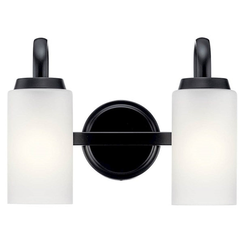 Kichler Kennewick 2-Light Vanity Light | Industrial Black Steel & Satin Etched Glass | Bathroom & Powder Room Light | 150W Max, E26, Damp | Model 55086BK