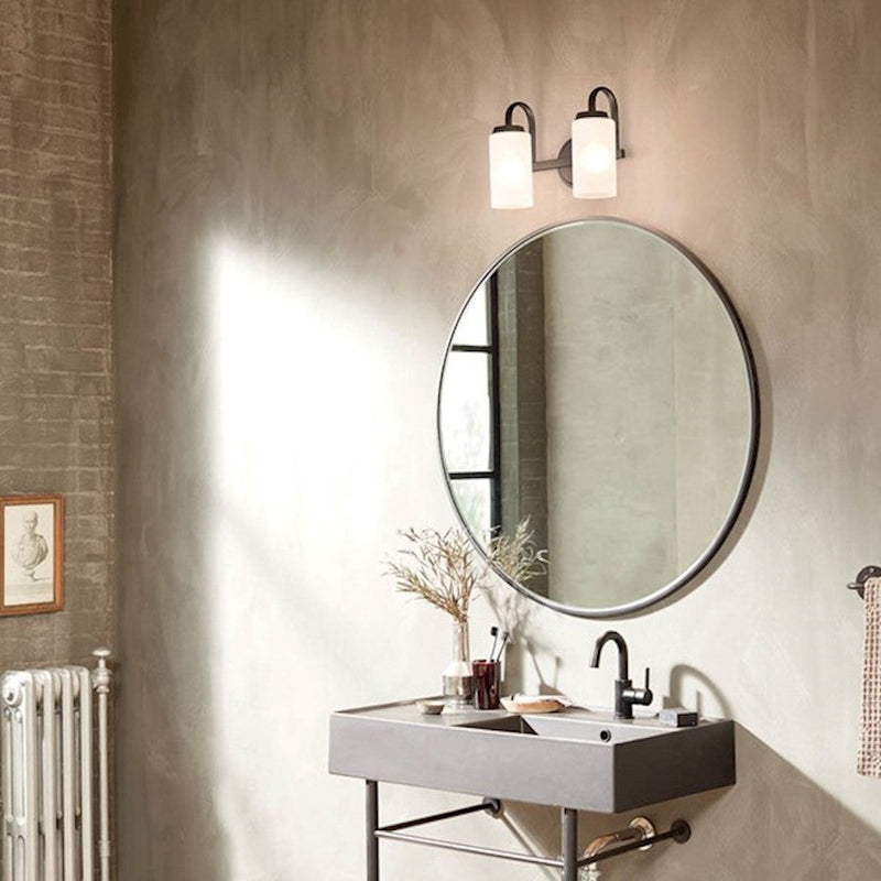 Kichler Kennewick 2-Light Vanity Light | Industrial Black Steel & Satin Etched Glass | Bathroom & Powder Room Light | 150W Max, E26, Damp | Model 55086BK