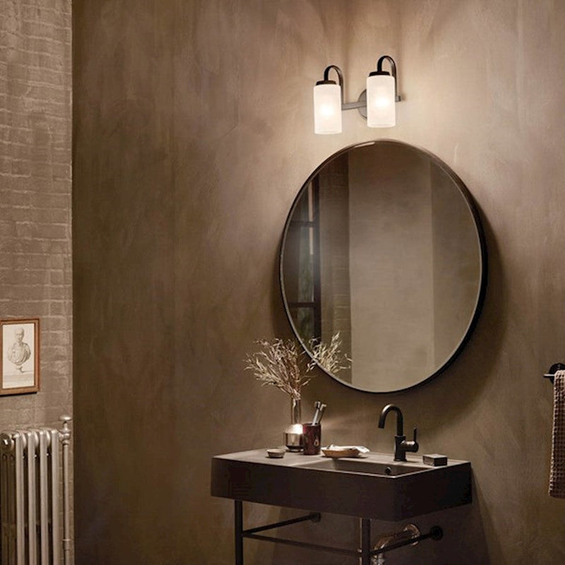 Kichler Kennewick 2-Light Vanity Light | Industrial Black Steel & Satin Etched Glass | Bathroom & Powder Room Light | 150W Max, E26, Damp | Model 55086BK