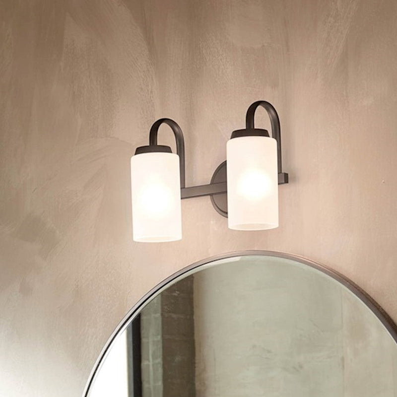 Kichler Kennewick 2-Light Vanity Light | Industrial Black Steel & Satin Etched Glass | Bathroom & Powder Room Light | 150W Max, E26, Damp | Model 55086BK