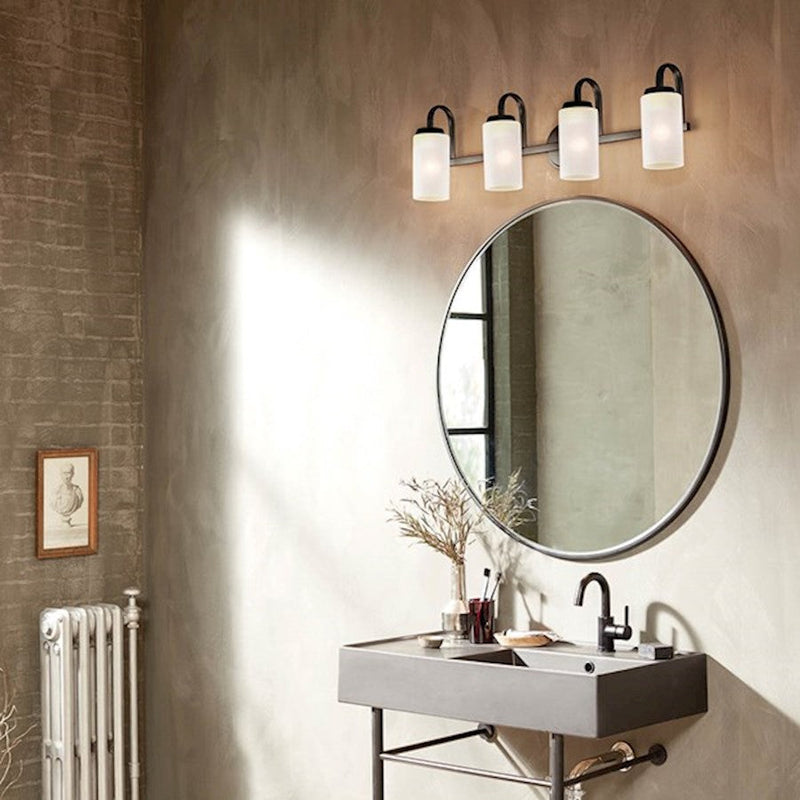 Kichler Kennewick 32in 4-Light Vanity Light | Black Steel & Satin Etched Glass | Bathroom Vanity Light | 4x75W Incandescent | Model 55088BK