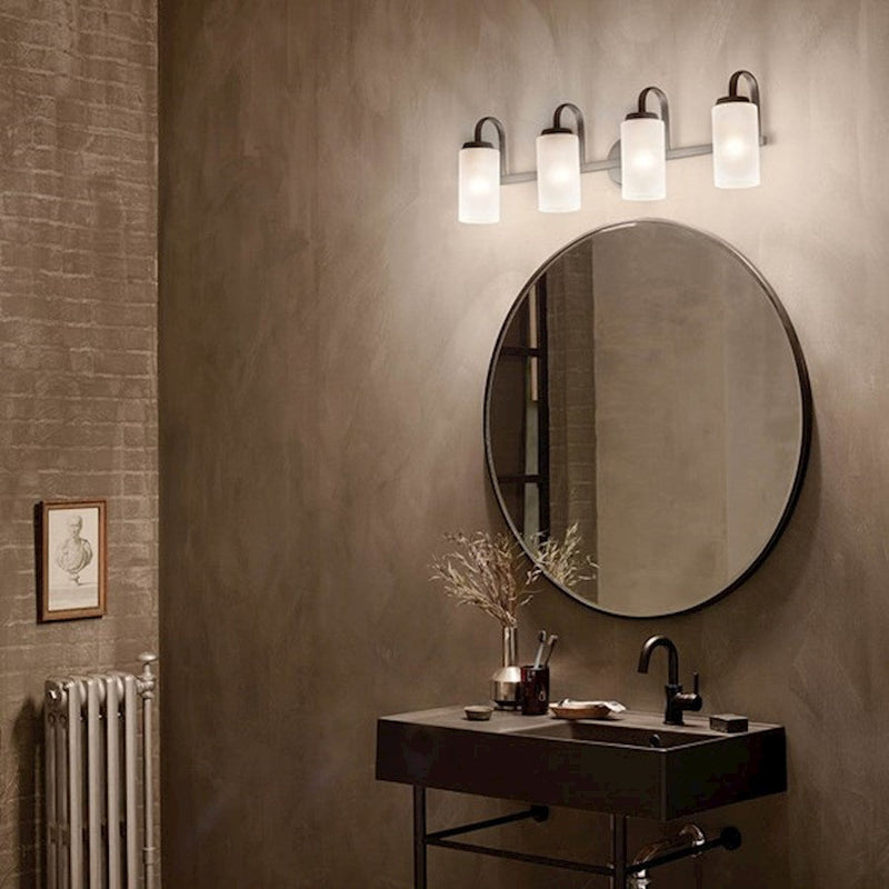 Kichler Kennewick 32in 4-Light Vanity Light | Black Steel & Satin Etched Glass | Bathroom Vanity Light | 4x75W Incandescent | Model 55088BK