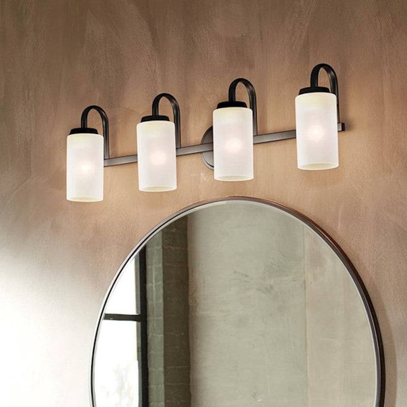 Kichler Kennewick 32in 4-Light Vanity Light | Black Steel & Satin Etched Glass | Bathroom Vanity Light | 4x75W Incandescent | Model 55088BK