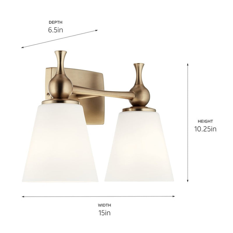 Kichler Cosabella 2 Light Vanity Light | Champagne Bronze Steel & Etched White Glass | Bathroom & Damp-Rated Light | Model 55091CPZ