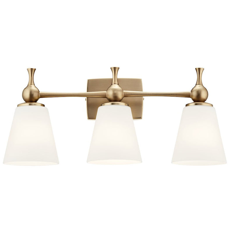 Kichler Cosabella 24in 3-Light Vanity Light | Mid-Century Champagne Bronze & Etched White | Bathroom Vanity Light | 300W Incandescent | Model 55092CPZ