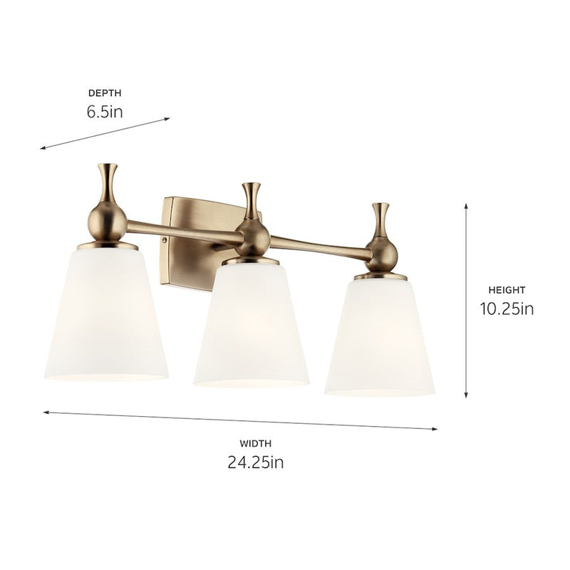 Kichler Cosabella 24in 3-Light Vanity Light | Mid-Century Champagne Bronze & Etched White | Bathroom Vanity Light | 300W Incandescent | Model 55092CPZ