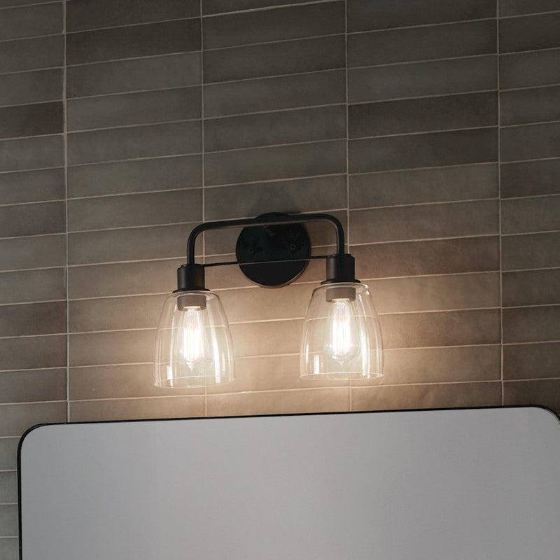 Kichler Meller 15in 2-Light Vanity Light | Industrial Black Steel and Clear Glass | Bathroom Vanity Light | 15 x 11.25 x 7 in | Model 55101BK