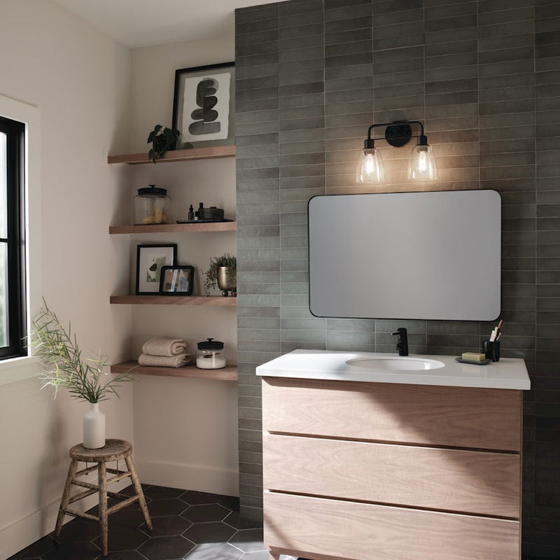 Kichler Meller 15in 2-Light Vanity Light | Industrial Black Steel and Clear Glass | Bathroom Vanity Light | 15 x 11.25 x 7 in | Model 55101BK