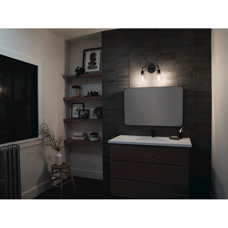 Kichler Meller 15in 2-Light Vanity Light | Industrial Black Steel and Clear Glass | Bathroom Vanity Light | 15 x 11.25 x 7 in | Model 55101BK