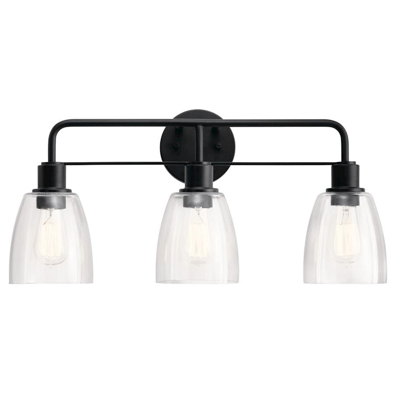 Kichler Meller 24in 3-Light Vanity Light | Industrial Steel Black with Clear Glass | Bathroom & Powder Room Light | 3 Bulbs 60W, Damp Rated | Model 55102BK