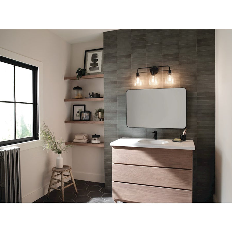 Kichler Meller 24in 3-Light Vanity Light | Industrial Steel Black with Clear Glass | Bathroom & Powder Room Light | 3 Bulbs 60W, Damp Rated | Model 55102BK