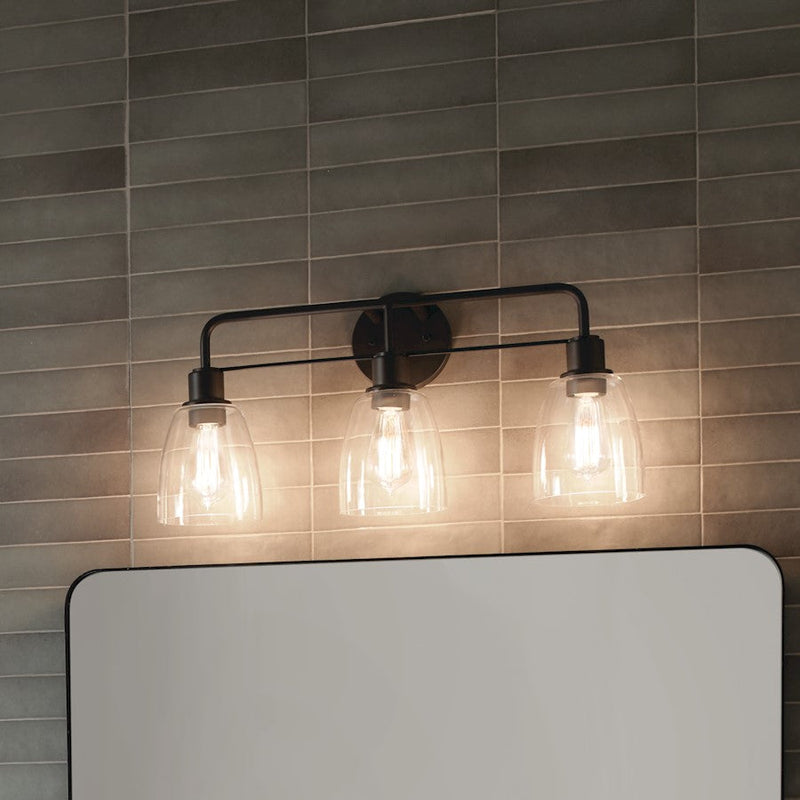 Kichler Meller 24in 3-Light Vanity Light | Industrial Steel Black with Clear Glass | Bathroom & Powder Room Light | 3 Bulbs 60W, Damp Rated | Model 55102BK
