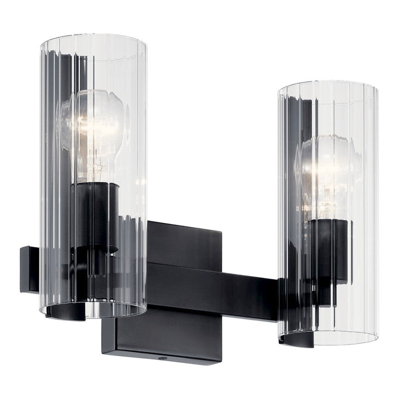 Kichler Jemsa 13.75in 2-Light Vanity Light | Soft Modern Black Steel & Clear Fluted Glass | Bathroom Vanity Light | 60W Max | Model 55167BK
