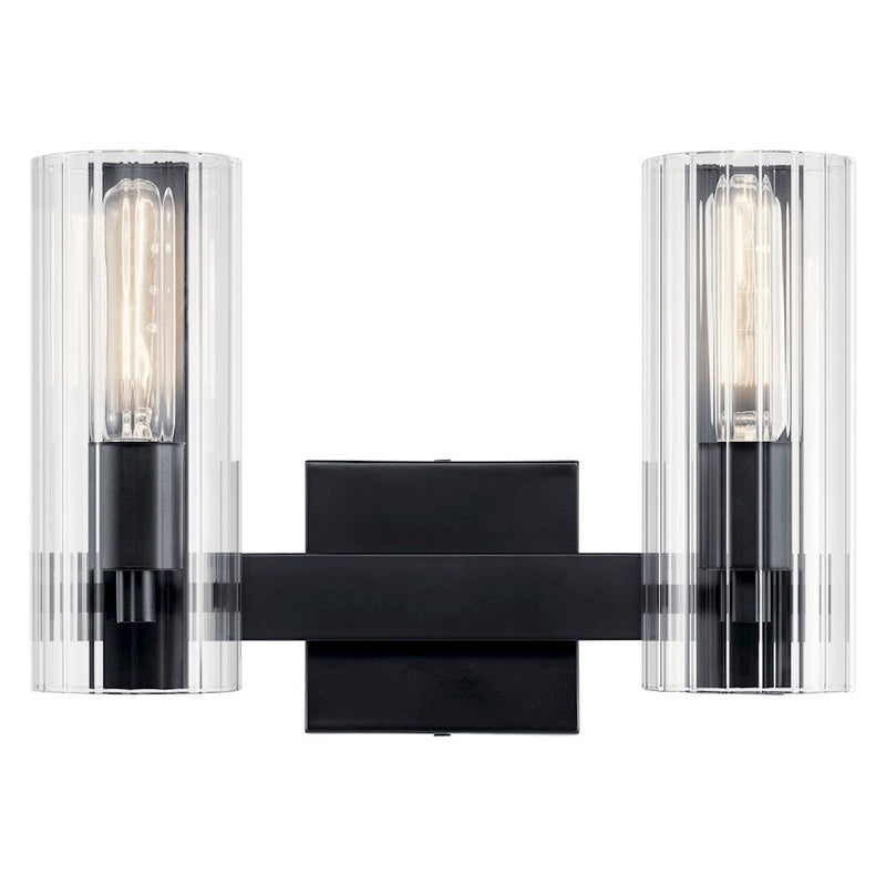 Kichler Jemsa 13.75in 2-Light Vanity Light | Soft Modern Black Steel & Clear Fluted Glass | Bathroom Vanity Light | 60W Max | Model 55167BK