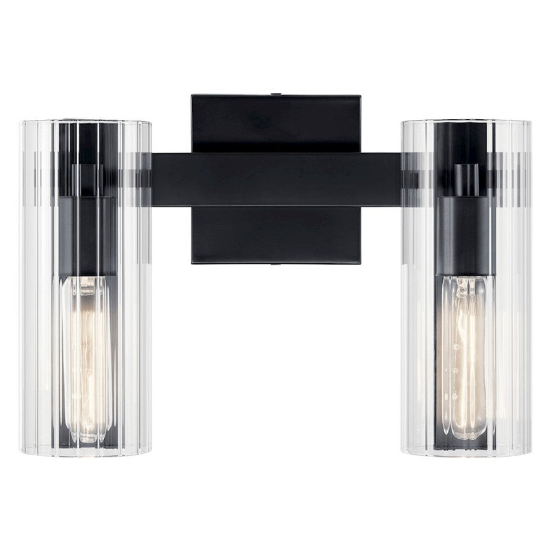 Kichler Jemsa 13.75in 2-Light Vanity Light | Soft Modern Black Steel & Clear Fluted Glass | Bathroom Vanity Light | 60W Max | Model 55167BK