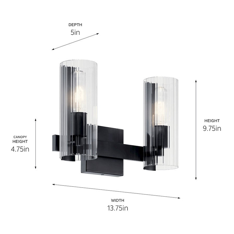 Kichler Jemsa 13.75in 2-Light Vanity Light | Soft Modern Black Steel & Clear Fluted Glass | Bathroom Vanity Light | 60W Max | Model 55167BK