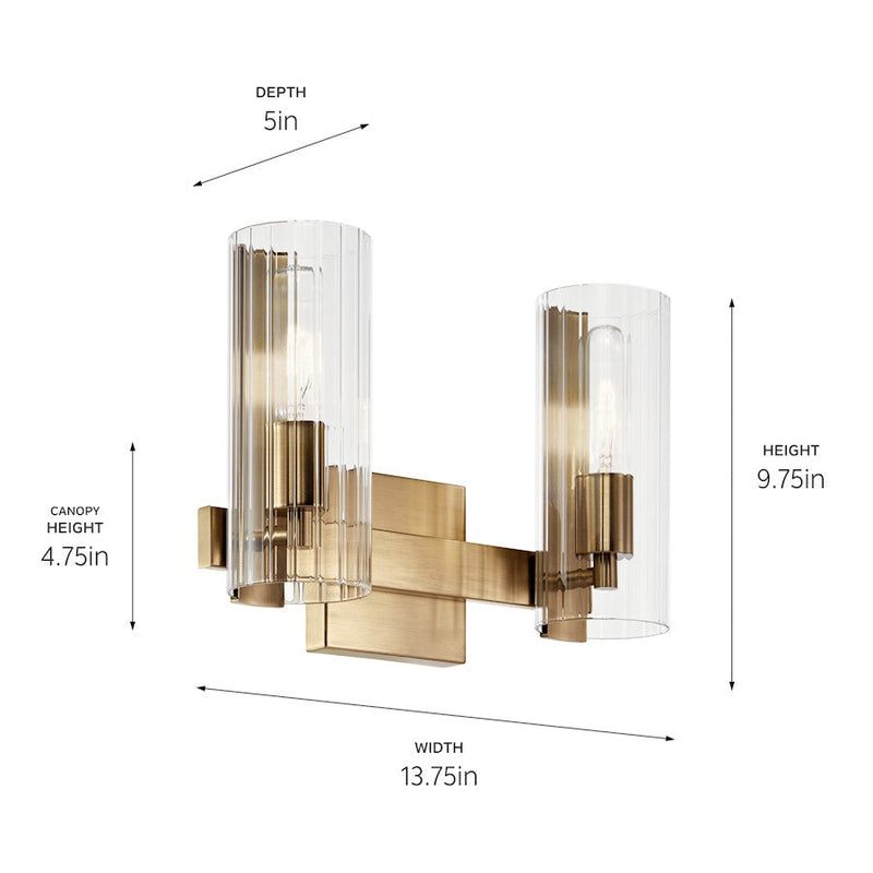 Kichler Jemsa 13.75in 2-Light Vanity | Soft Modern Champagne Bronze & Clear Fluted | Bathroom Vanity Light | 60W max per bulb, Damp | Model 55167CPZ