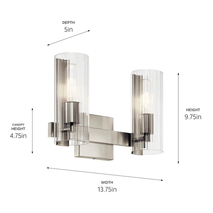 Kichler Jemsa 13.75" 2 Light Vanity, Brushed Nickel/Clear Fluted