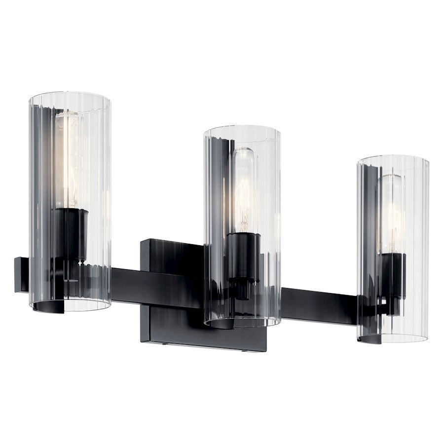 Kichler Jemsa 22.75" 3 Light Vanity, Black/Clear Fluted Glass - 55168BK