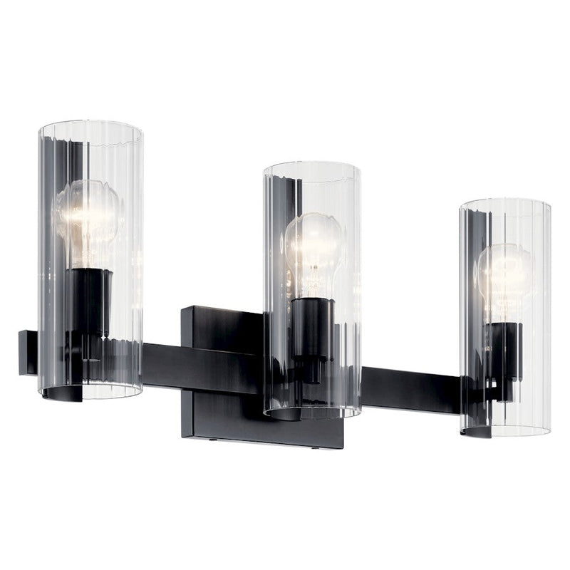 Kichler Jemsa 22.75in 3-Light Vanity | Soft Modern Black & Clear Fluted Glass | Bathroom Vanity Light | 60W Max Each, 120V, Damp | Model 55168BK