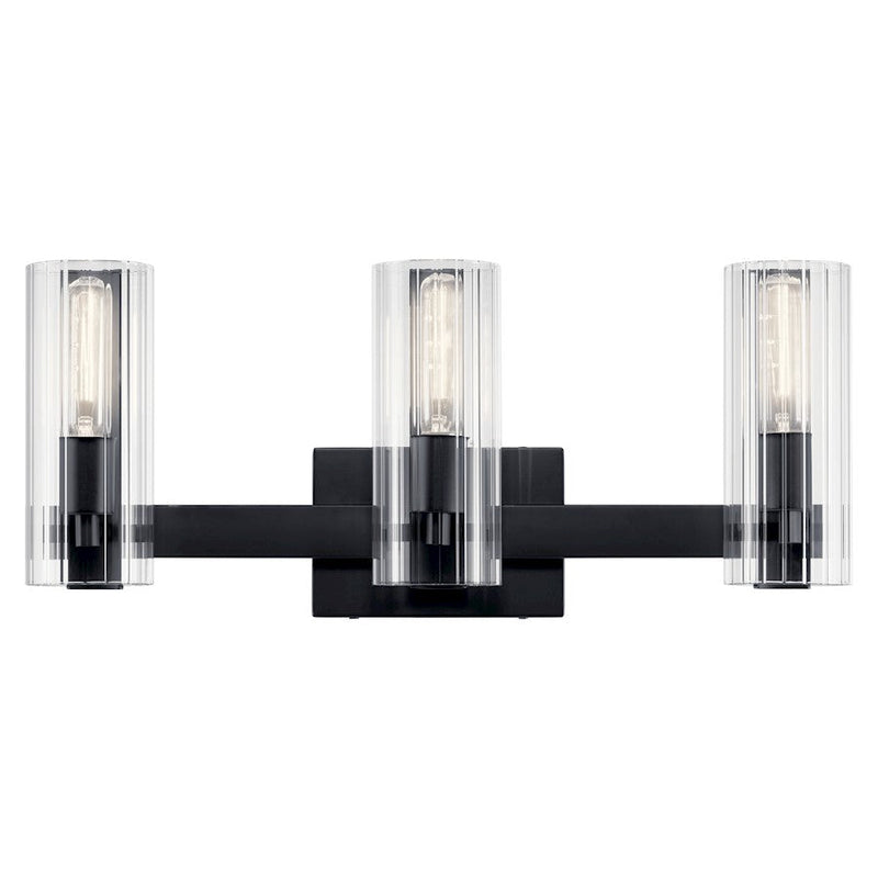 Kichler Jemsa 22.75in 3-Light Vanity | Soft Modern Black & Clear Fluted Glass | Bathroom Vanity Light | 60W Max Each, 120V, Damp | Model 55168BK