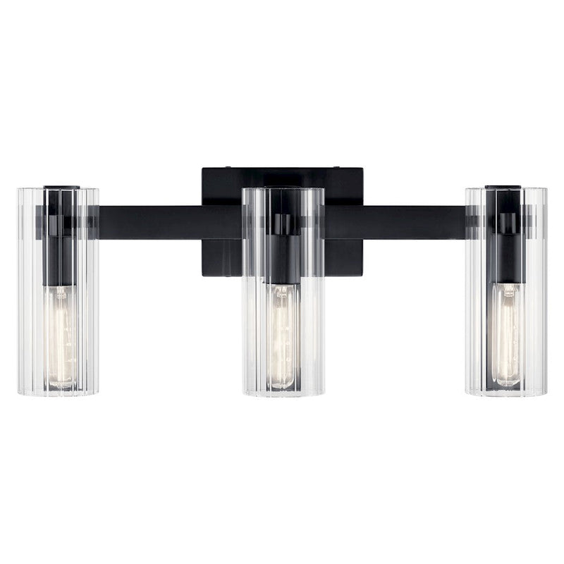 Kichler Jemsa 22.75in 3-Light Vanity | Soft Modern Black & Clear Fluted Glass | Bathroom Vanity Light | 60W Max Each, 120V, Damp | Model 55168BK