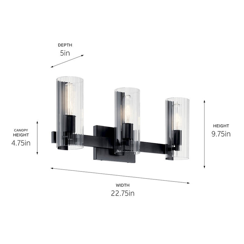 Kichler Jemsa 22.75in 3-Light Vanity | Soft Modern Black & Clear Fluted Glass | Bathroom Vanity Light | 60W Max Each, 120V, Damp | Model 55168BK