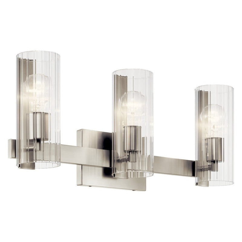 Kichler Jemsa 22.75in 3-Light Vanity | Soft Modern Brushed Nickel & Clear Fluted Glass | Bathroom Vanity Light | 60W per Socket | Model 55168NI