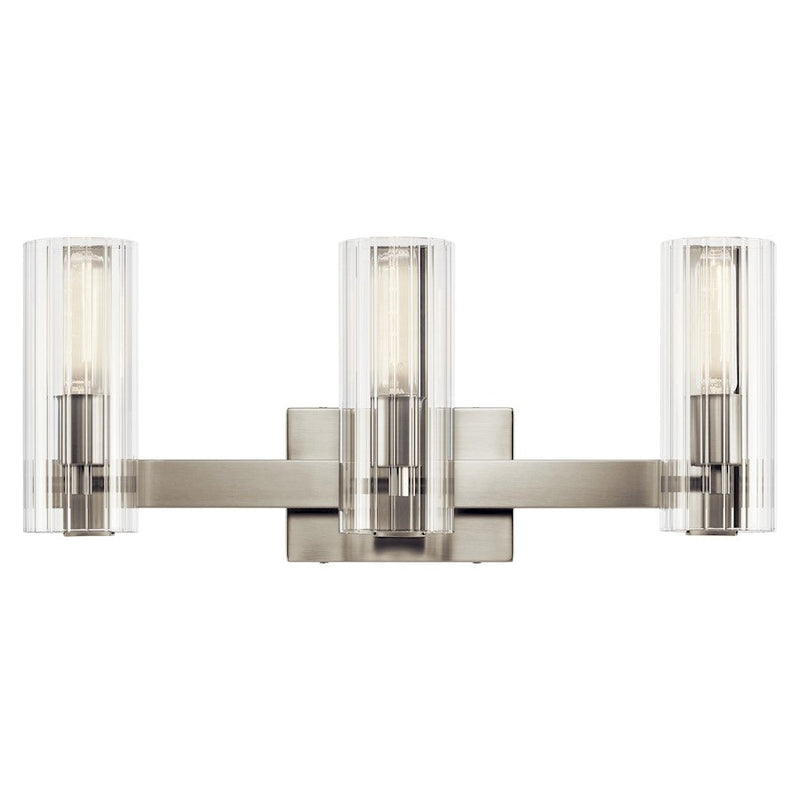 Kichler Jemsa 22.75in 3-Light Vanity | Soft Modern Brushed Nickel & Clear Fluted Glass | Bathroom Vanity Light | 60W per Socket | Model 55168NI