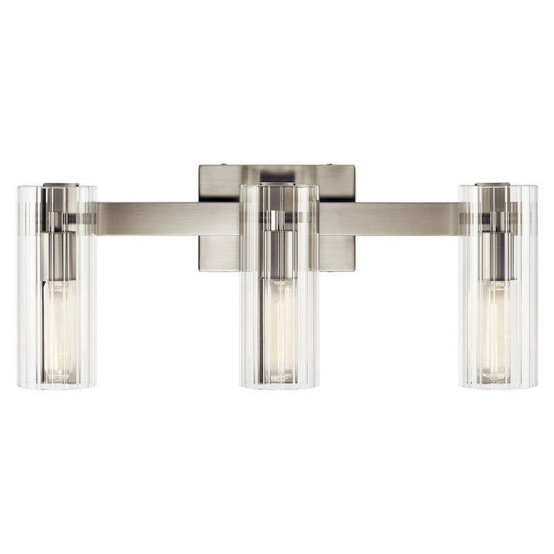 Kichler Jemsa 22.75in 3-Light Vanity | Soft Modern Brushed Nickel & Clear Fluted Glass | Bathroom Vanity Light | 60W per Socket | Model 55168NI