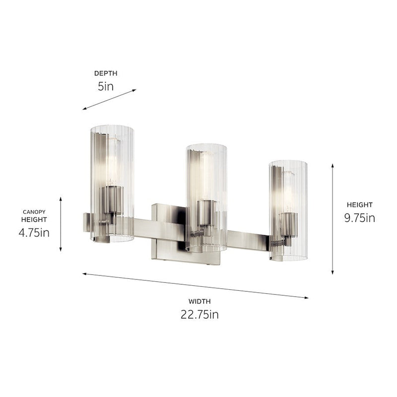 Kichler Jemsa 22.75in 3-Light Vanity | Soft Modern Brushed Nickel & Clear Fluted Glass | Bathroom Vanity Light | 60W per Socket | Model 55168NI