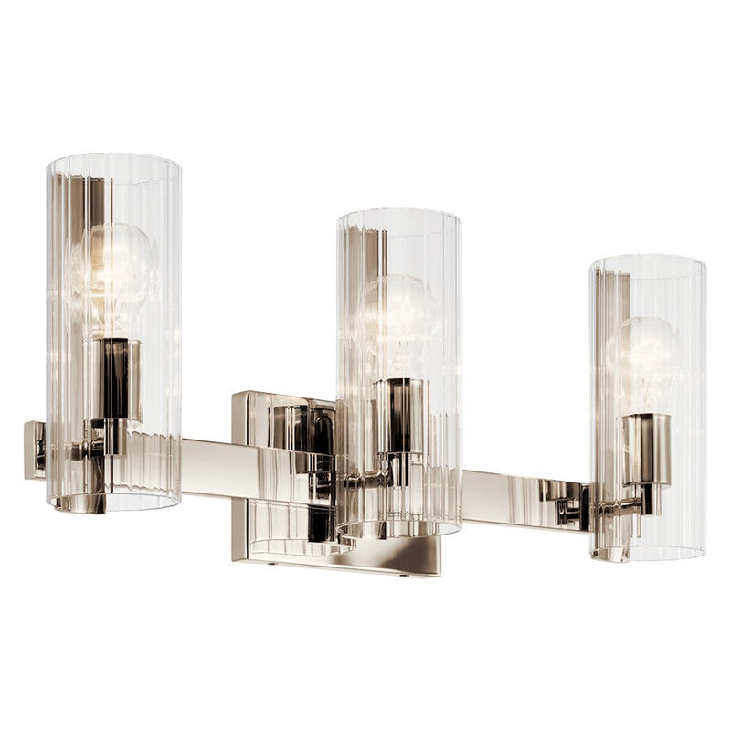 Kichler Jemsa 22.75in 3-Light Vanity Light | Soft Modern Polished Nickel & Clear Fluted Glass | Bathroom Vanity Light | 60W Incandescent | Model 55168PN