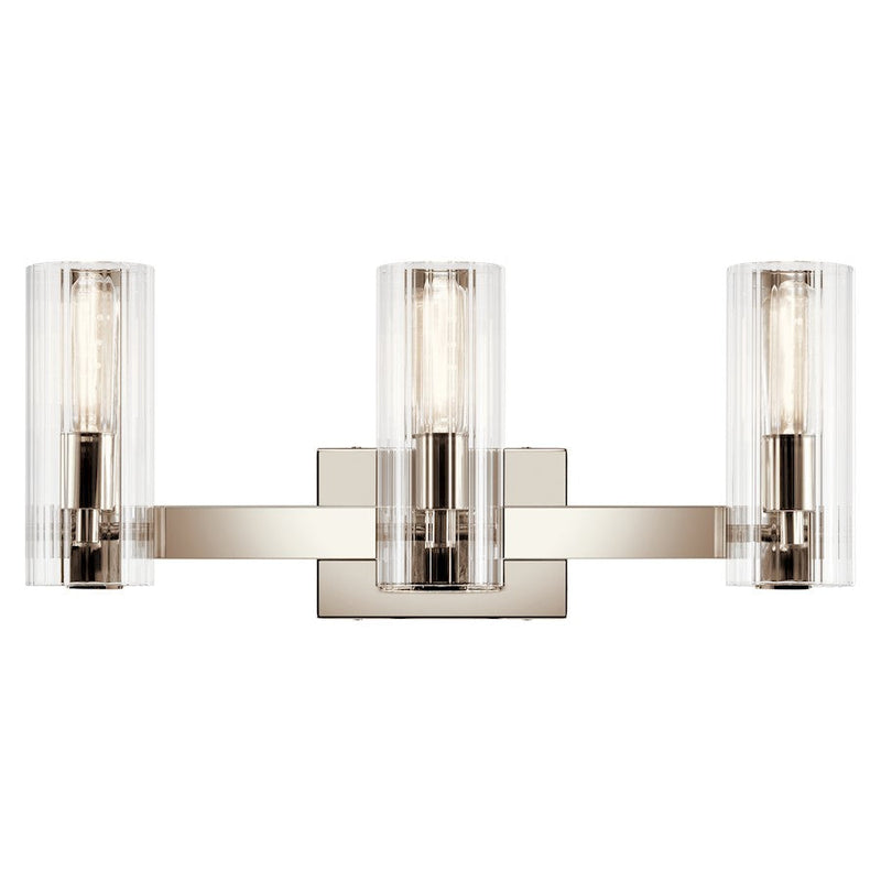 Kichler Jemsa 22.75in 3-Light Vanity Light | Soft Modern Polished Nickel & Clear Fluted Glass | Bathroom Vanity Light | 60W Incandescent | Model 55168PN