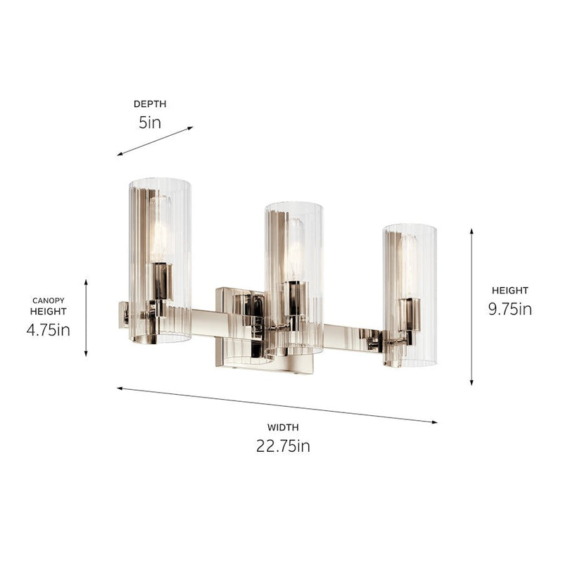 Kichler Jemsa 22.75in 3-Light Vanity Light | Soft Modern Polished Nickel & Clear Fluted Glass | Bathroom Vanity Light | 60W Incandescent | Model 55168PN
