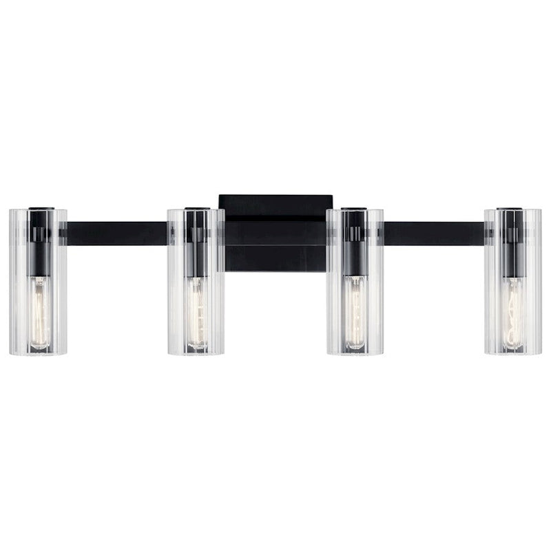 Kichler Jemsa 32" 4 Light Vanity, Black/Clear Fluted Glass