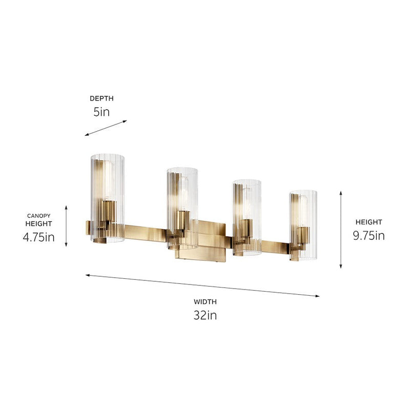 Kichler Jemsa 32in 4-Light Vanity Light | Soft Modern Champagne Bronze & Clear Fluted Glass | Bathroom Vanity Bar Above Mirror | 4 x 60W | Model 55169CPZ