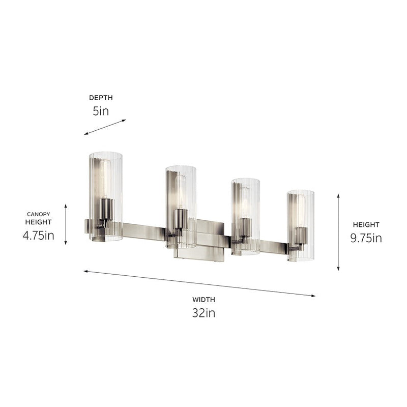 Kichler Jemsa 32in 4-Light Vanity | Soft Modern Brushed Nickel & Clear Fluted Glass | Bathroom Vanity Light | 4x 60W Incandescent, Damp | Model 55169NI