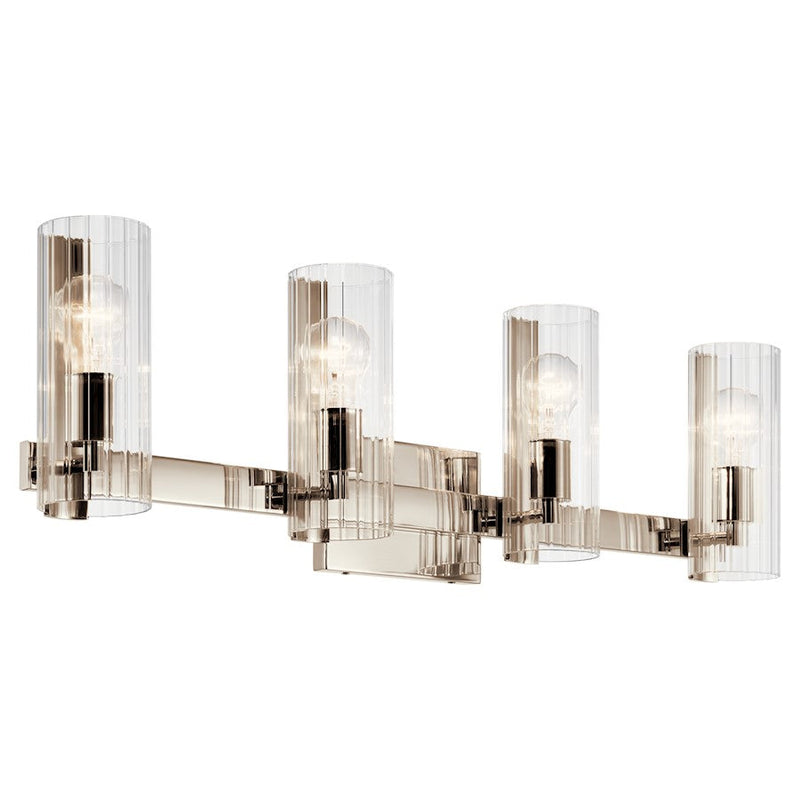Kichler Jemsa 32in 4-Light Vanity Light | Soft Modern Polished Nickel & Clear Fluted Glass | Bathroom & Dressing Room Vanity Light | Model 55169PN