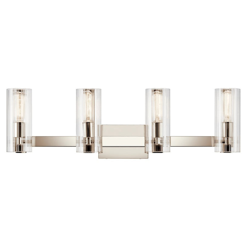 Kichler Jemsa 32in 4-Light Vanity Light | Soft Modern Polished Nickel & Clear Fluted Glass | Bathroom & Dressing Room Vanity Light | Model 55169PN