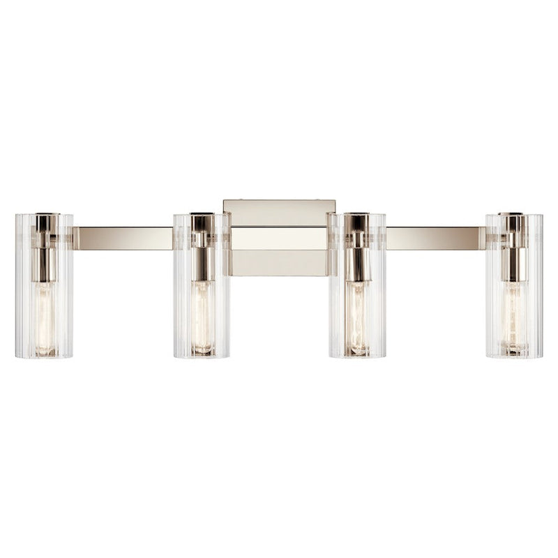 Kichler Jemsa 32in 4-Light Vanity Light | Soft Modern Polished Nickel & Clear Fluted Glass | Bathroom & Dressing Room Vanity Light | Model 55169PN